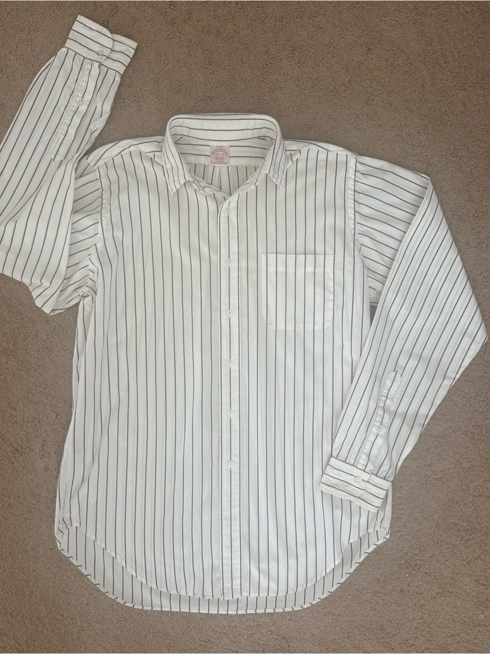 Brooks Brothers Off White Dress Shirt Red Blue Pinstripes Size 15.5 Cotton